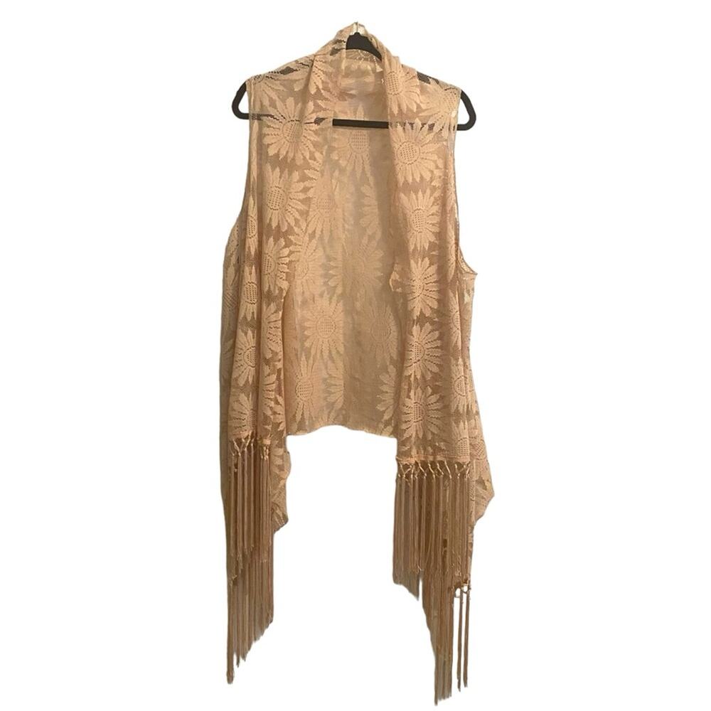 Mesh Floral Long Vest Sz M/L Fringe Hem Duster Boho Western Cowgirl Festival